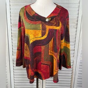 HABITAT Crossover V Neck 3/4 Sleeve Blouse Abstract Wearable Art Scarlet-Medium